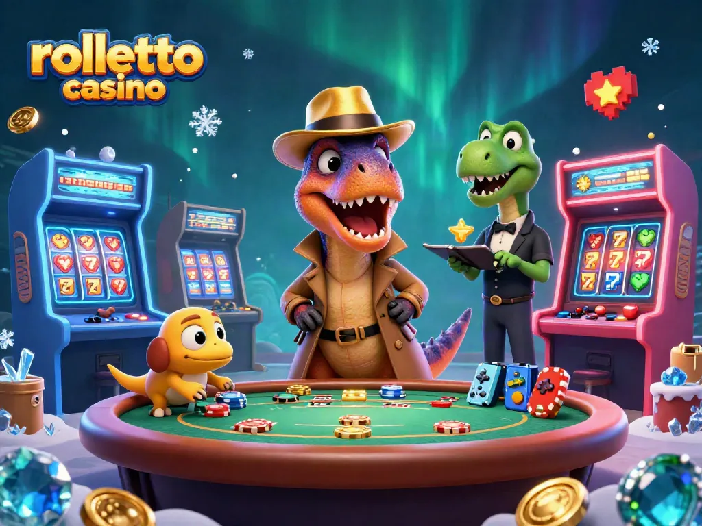 Experience the rolletto casino through this lively 3D scene featuring a velociraptor card counter.