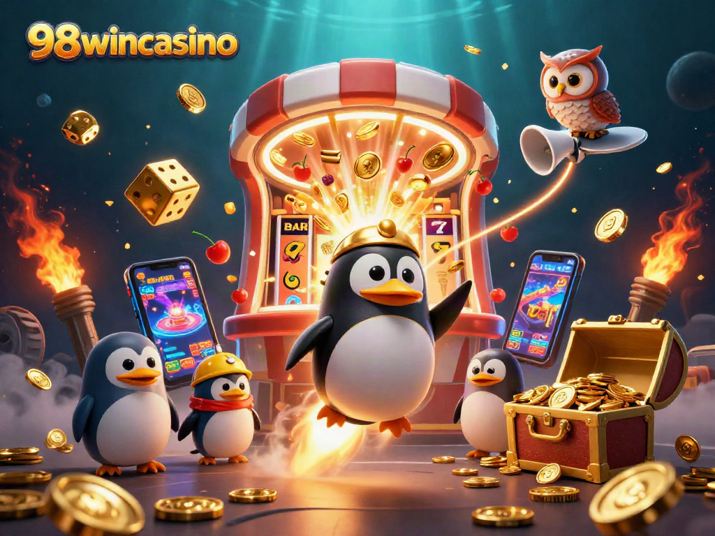 Experience thrilling fun with 98wincasino as the golden penguin navigates a dynamic casino adventure.