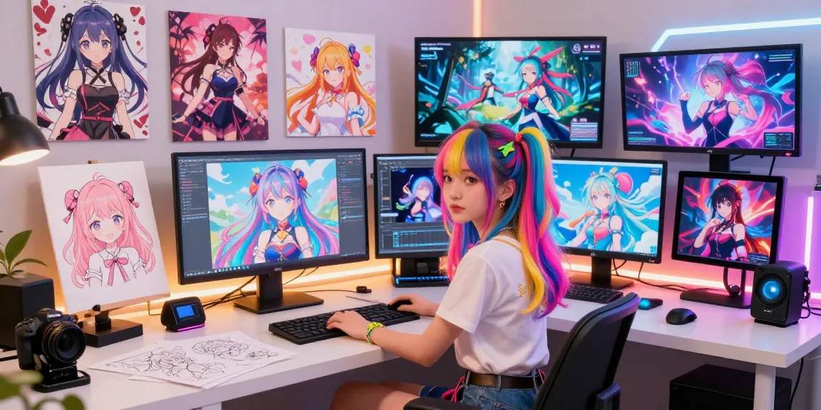 Ecchi AI character at a digital art workstation showcasing vibrant artworks.