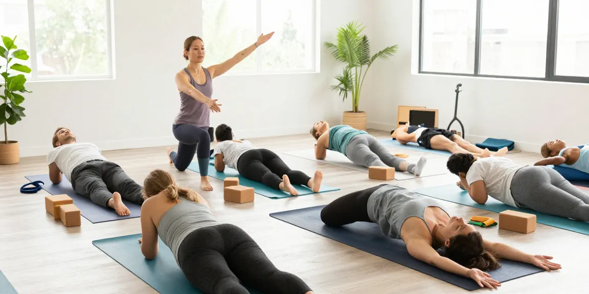 Yoga class led by an instructor at https://www.koiaminos.com with diverse participants in a bright studio.
