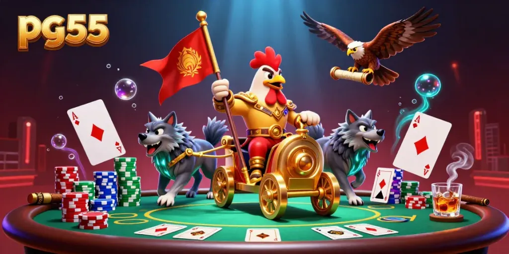 Engage in immersive gameplay with pg55 while a rooster warlord and two fierce wolves dominate the scene.