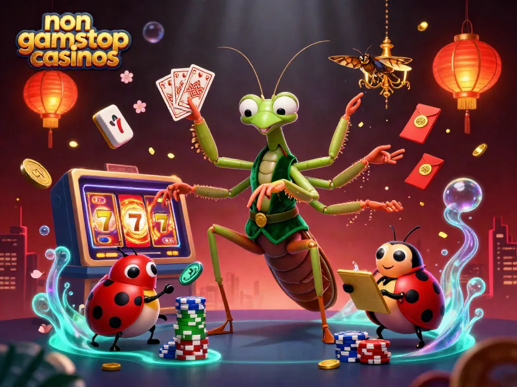 Experience thrilling non gamstop casinos with a dynamic scene of a mantis card sharp and ladybug pit boss.