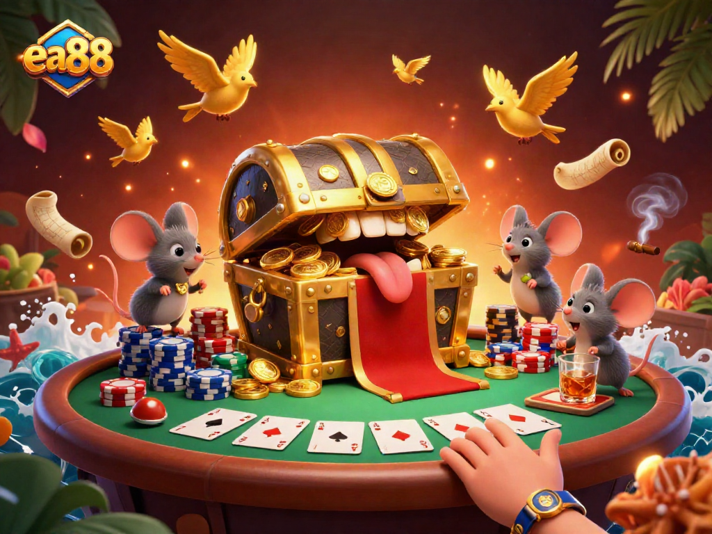 Experience the excitement of ea88 with a stunning 3D treasure chest luring adventurer mice amidst poker elements.