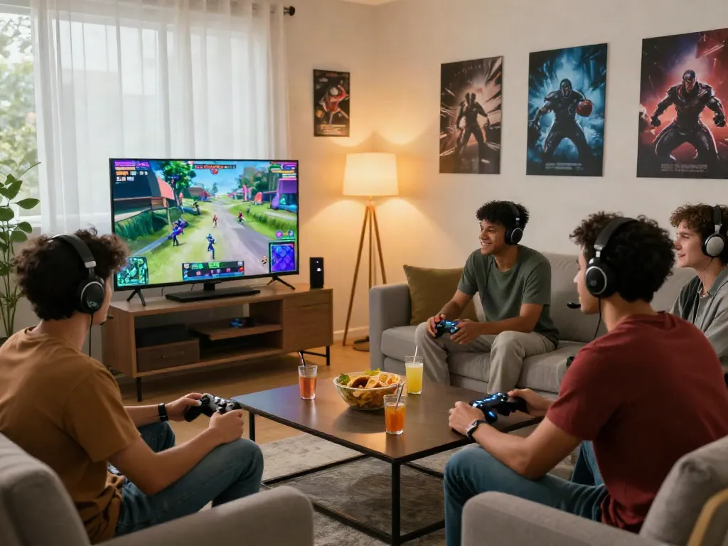 Friends gaming together in a modern living room, featuring the excitement of http://11bet-app.net/ competition.