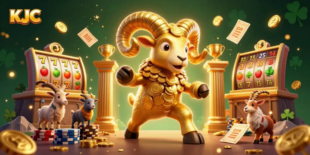 KJC showcases a golden ram charging at a golden gate amidst slot reels and shimmering coins, representing casino excitement.