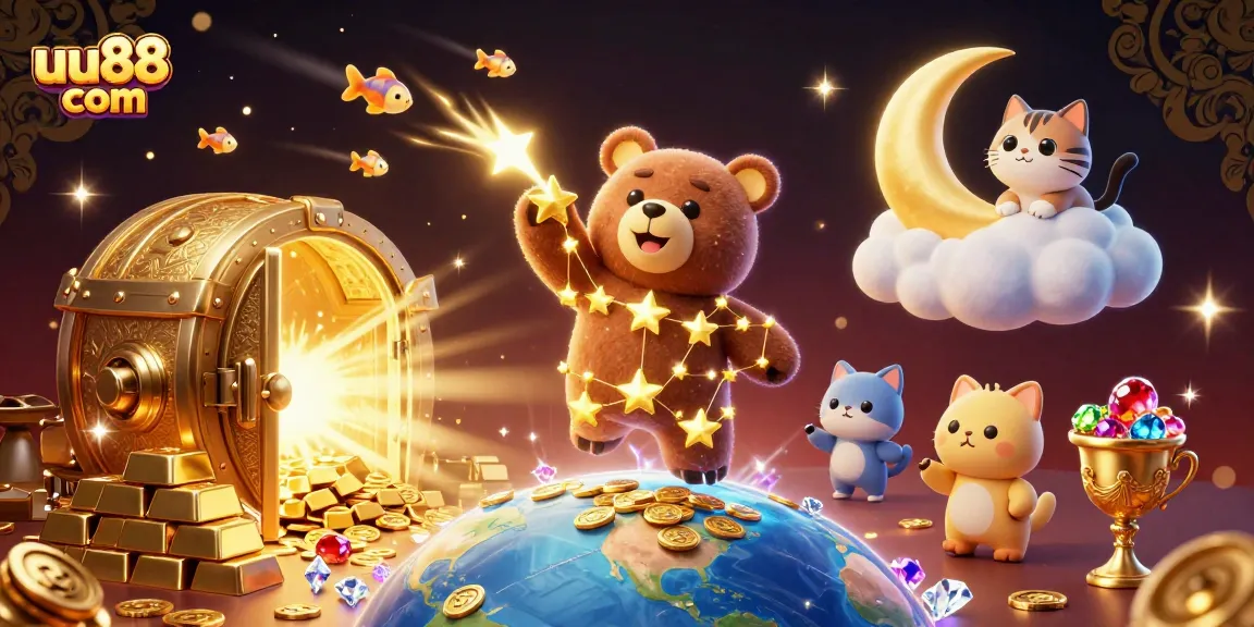 Experience thrilling jackpots and treasures at uu88 com with vibrant casino elements in a cosmic 3D scene.