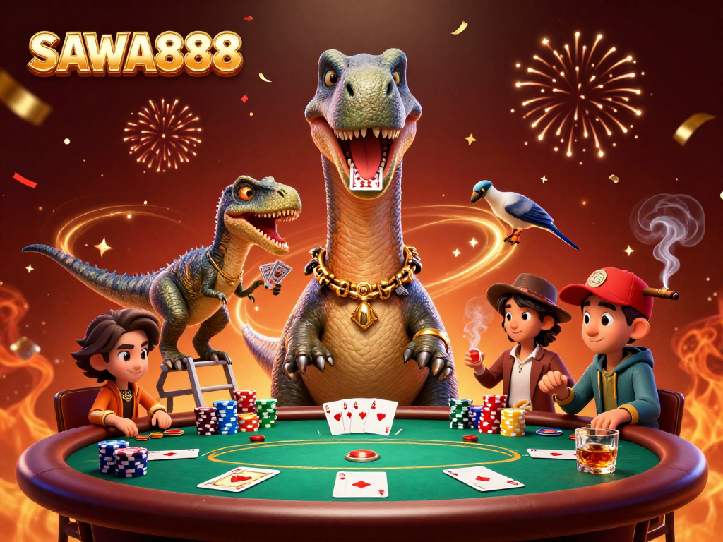 SAWA888 features a fun scene with dinosaurs dealing cards at a poker table surrounded by vibrant gambling elements.