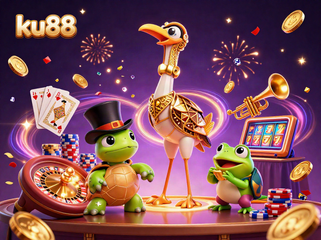 ku88 flapper-style casino scene with a turtle and frog in vibrant celebration.