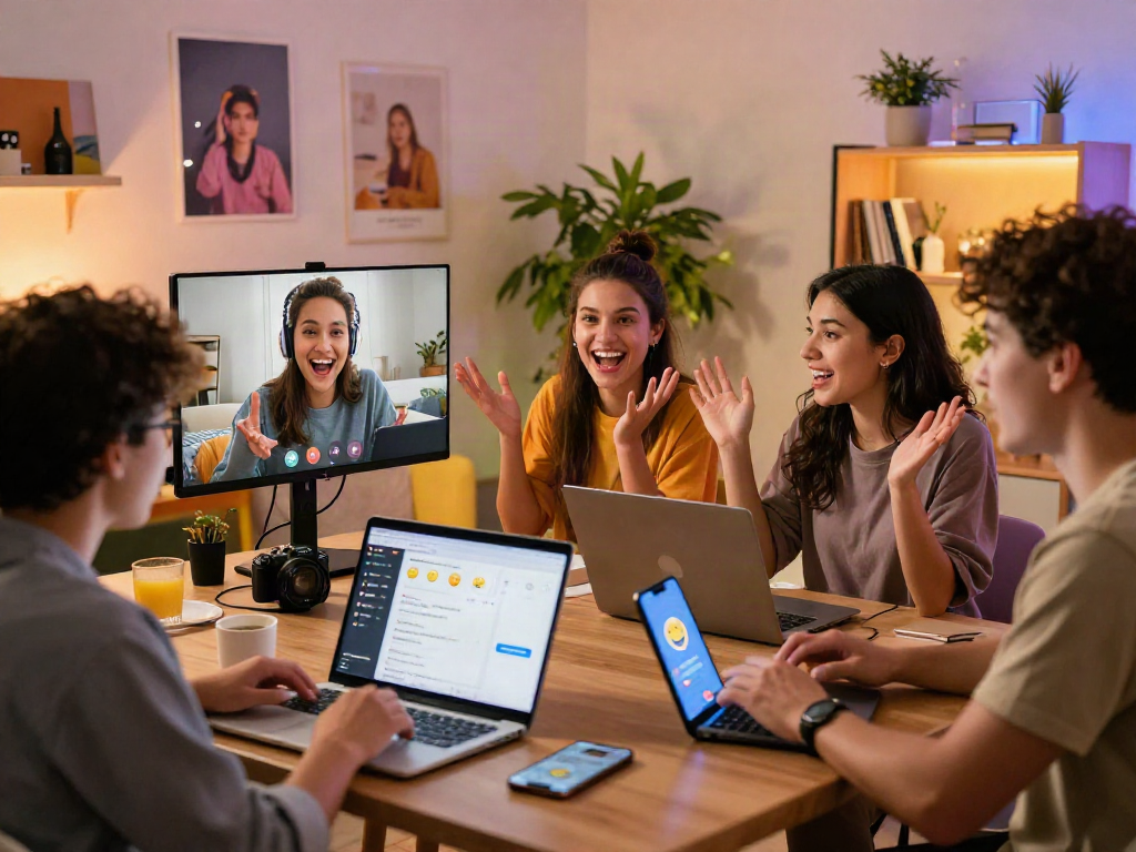 Engaging spicy chat scene with friends on video call, showcasing diverse personalities and home environments.