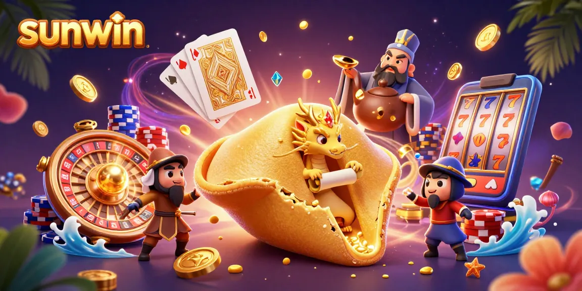 Experience excitement at sunwin with a golden fortune cookie scene full of casino action and treasures.