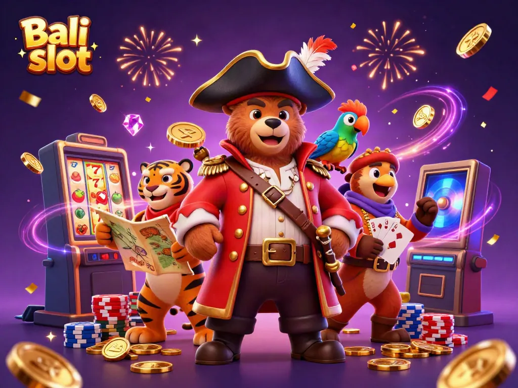 Engage with the thrilling Bali slot action featuring dynamic pirate-themed characters, coins, and gambling elements.