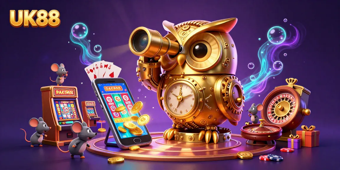 Engage with UK88's dynamic casino scene featuring a golden owl and vibrant games.