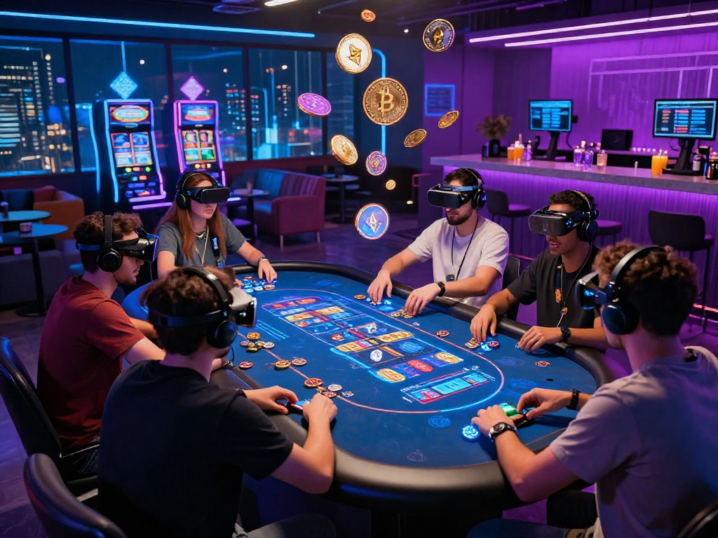 Exciting crypto casino gaming scene with diverse players and holographic interfaces.
