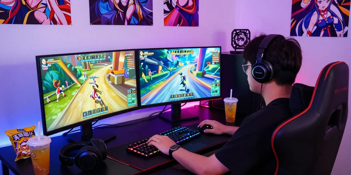 Engaging player enjoying a hentai game online, dual monitors and gaming setup.