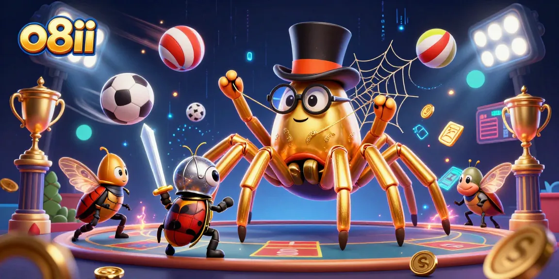 Play and win exciting games at o8ii, where a golden tarantula weaves a web of fortune amidst sports excitement.