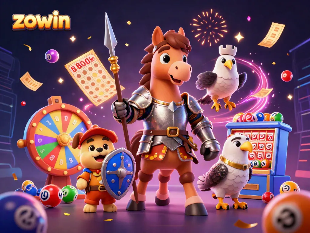 Zowin brings excitement to victory with dynamic lottery game elements in a vibrant 3D scene.