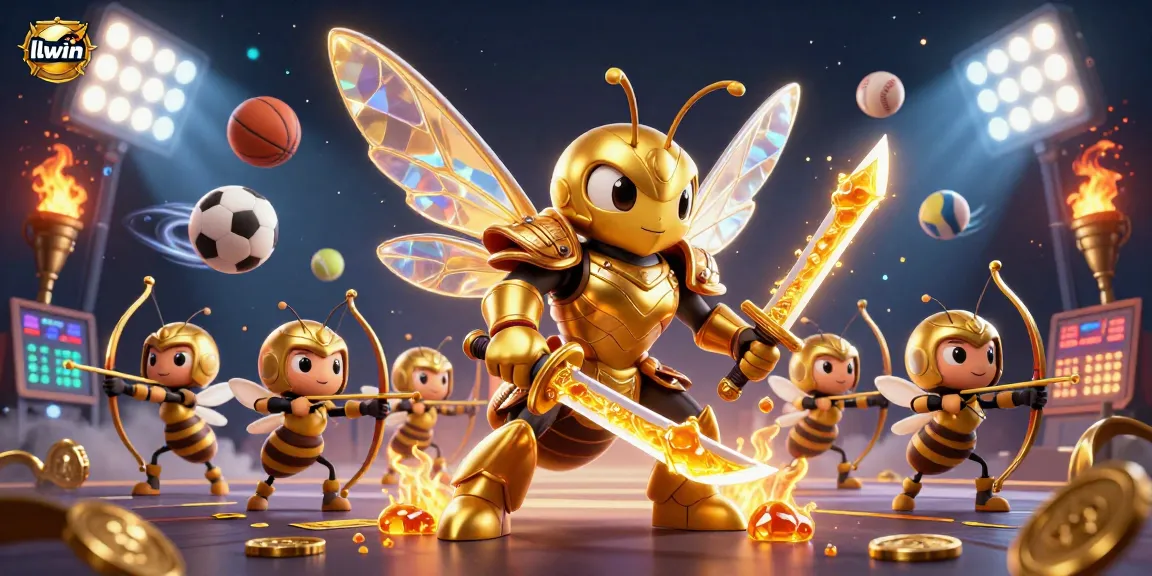 Experience thrilling bets at llwin with a dynamic scene of a golden hornet samurai amidst sports elements.