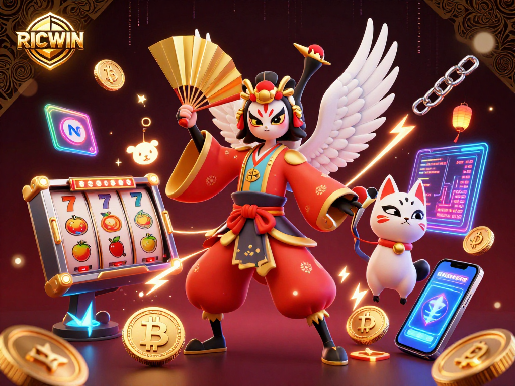 Experience RICWIN as a vibrant crypto casino scene featuring dynamic characters and gaming elements.