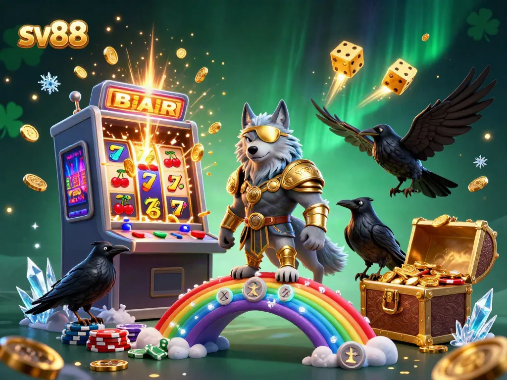 Experience sv88's thrilling world of casino gaming with a legendary wolf and ravens amidst a vibrant jackpot scene.