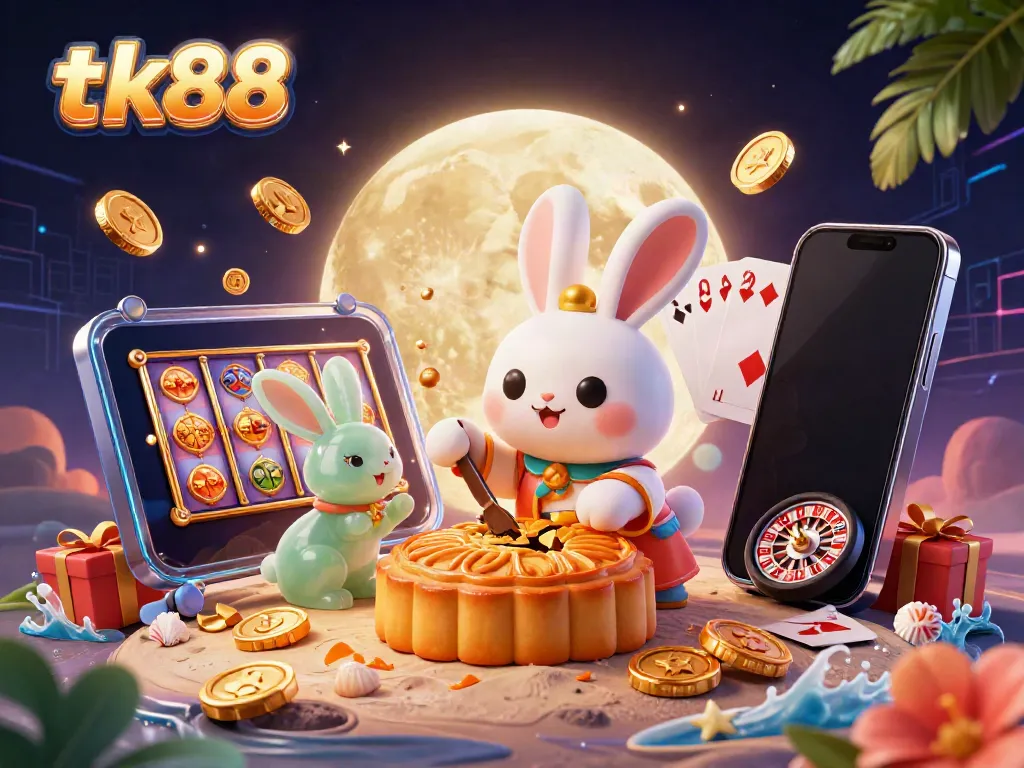 Experience thrilling gaming with tk88, featuring a moon rabbit and poker-themed mooncakes in a vibrant 3D casino illustration.