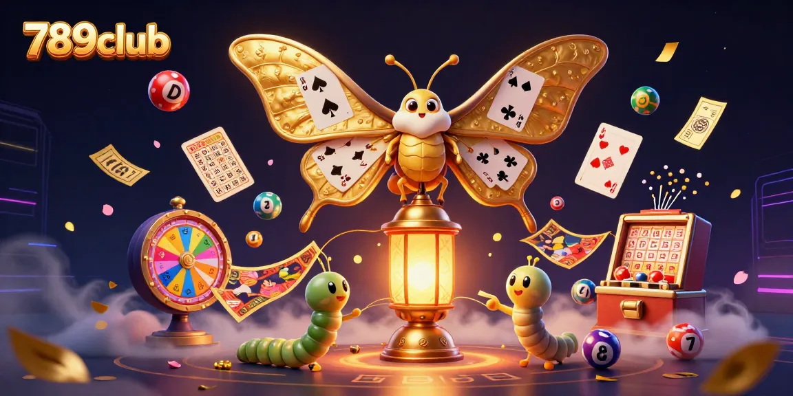 Experience the excitement of 789club with a vibrant illustration of casino elements and a majestic atlas moth.