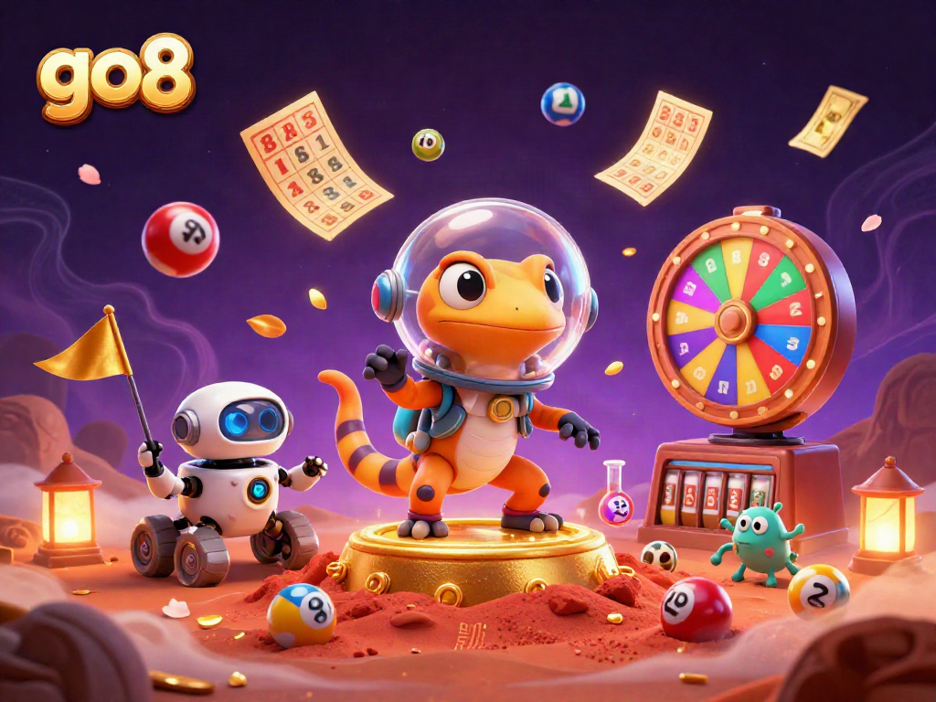 Win exciting prizes in the go8 lottery-themed illustration filled with dynamic casino elements.