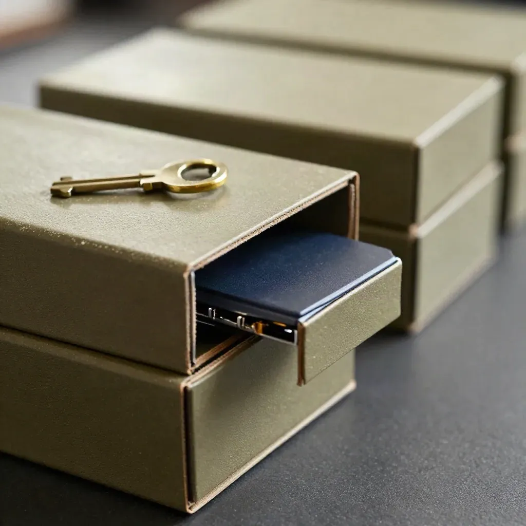 Macro still life of archive boxes, brass key ring and backup drive sleeve on a dark tabletop.