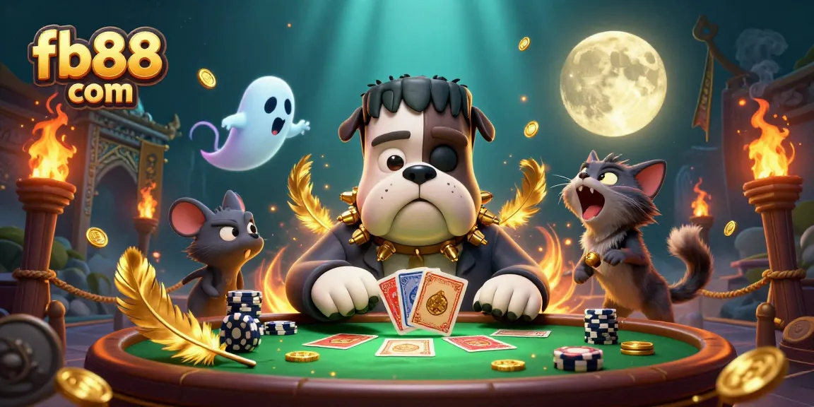 Engage with fb88 com's thrilling casino experience featuring a Frankenstein bulldog and ghost mouse.