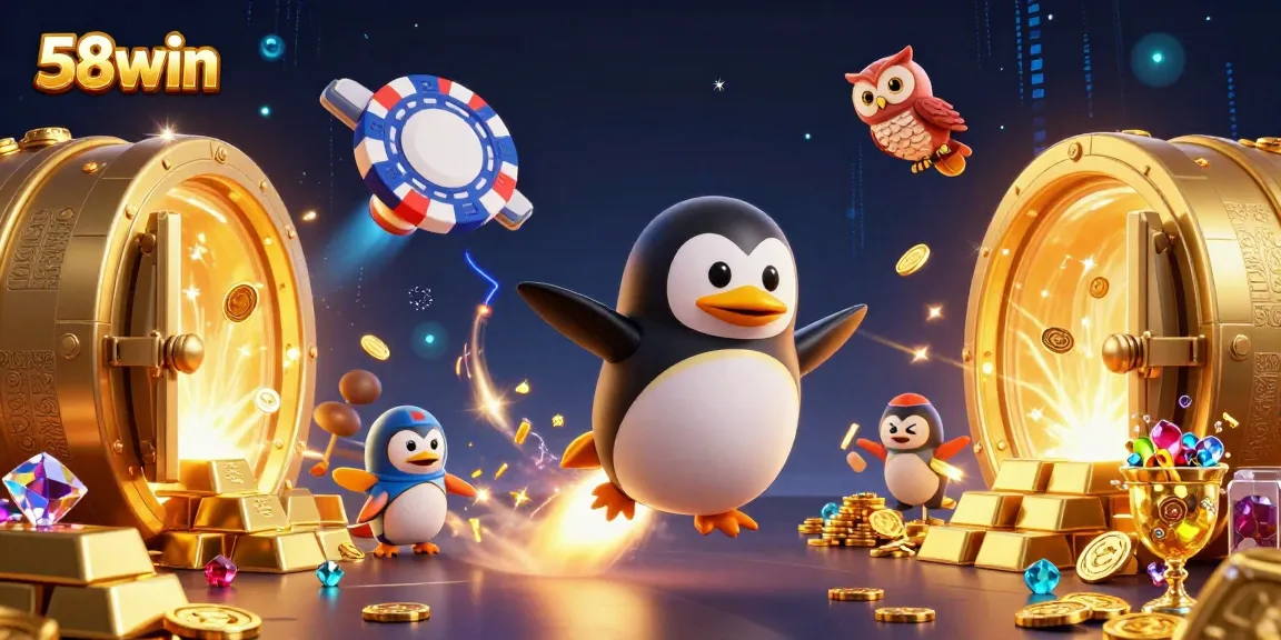 Engage with 58win in a vibrant 3D casino scene filled with treasures and excitement.