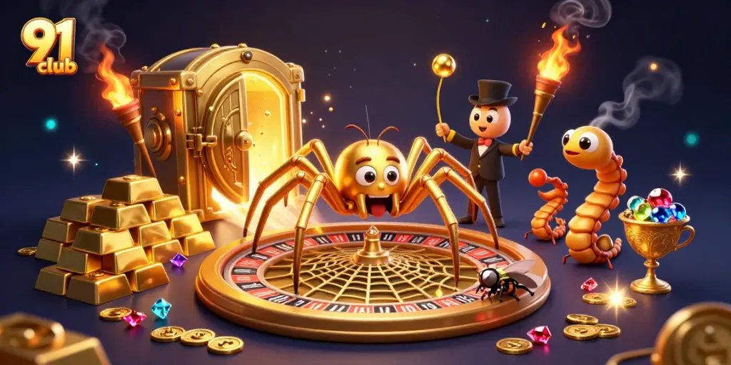 Engage and win with 91 club in a vibrant casino-themed illustration showcasing a golden spider spinning a roulette wheel.
