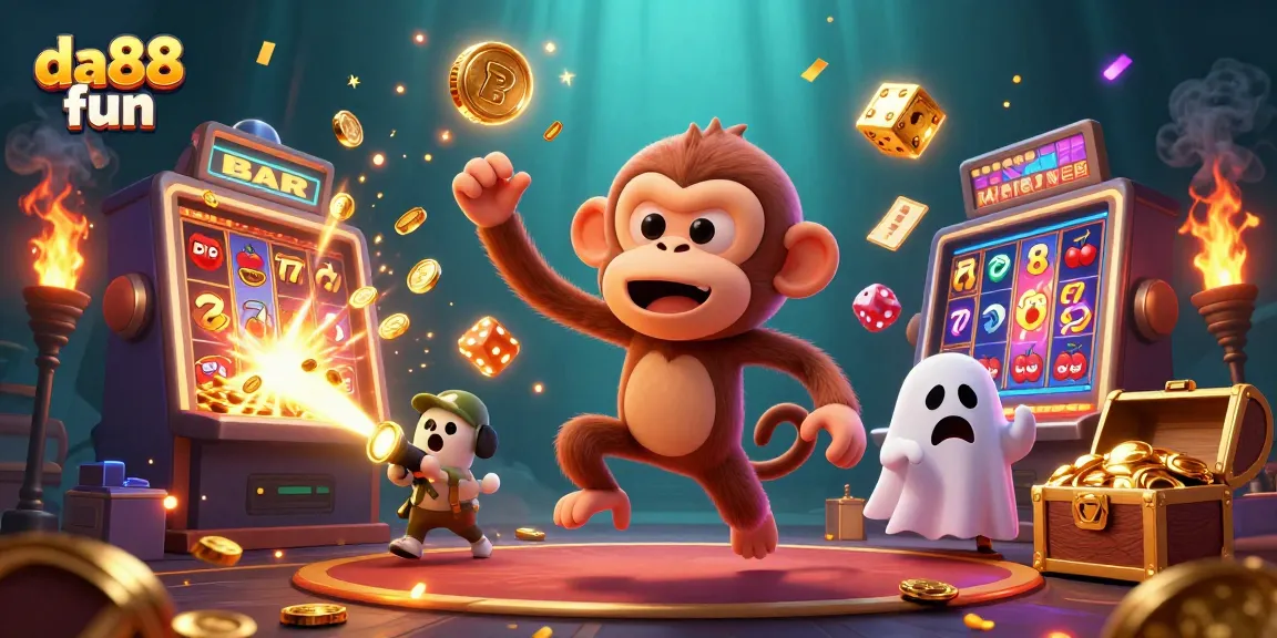 Experience da88 fun with a playful ghost monkey juggling golden objects in an exciting casino atmosphere.