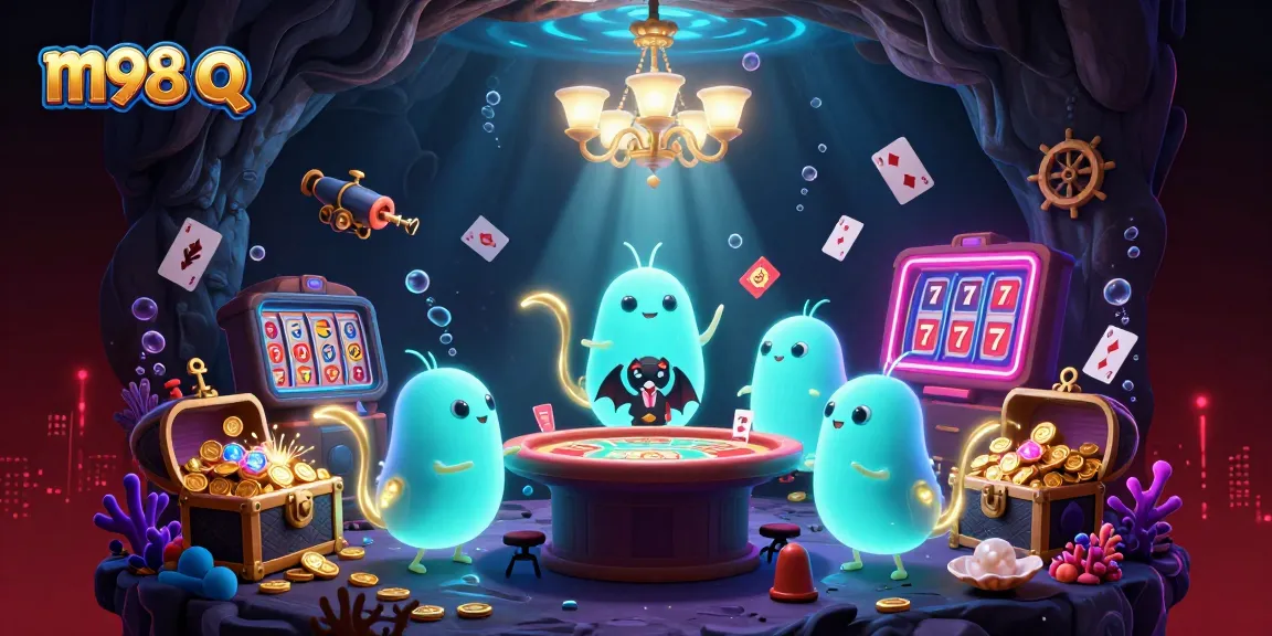 Play engaging games with m98 q in a vibrant cave casino illuminated by bioluminescent glowworms.