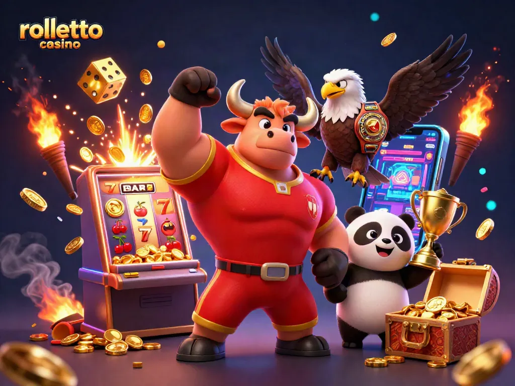 rolletto casino celebrates with vibrant characters and slot game elements in a dynamic gaming scene