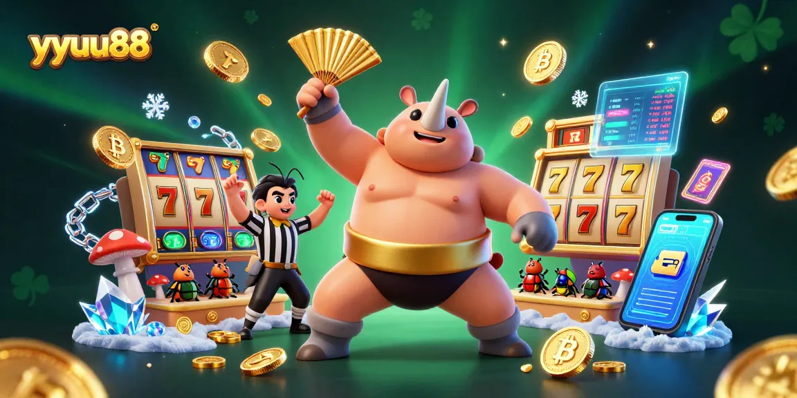 Experience the excitement of yyuu88 with a vibrant sumo beetle champion amidst golden coins and slot elements.