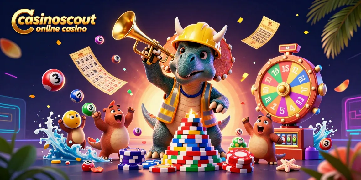 Experience the thrill of casinoscout online casino with a dynamic 3D illustration featuring vibrant characters and casino-themed elements.