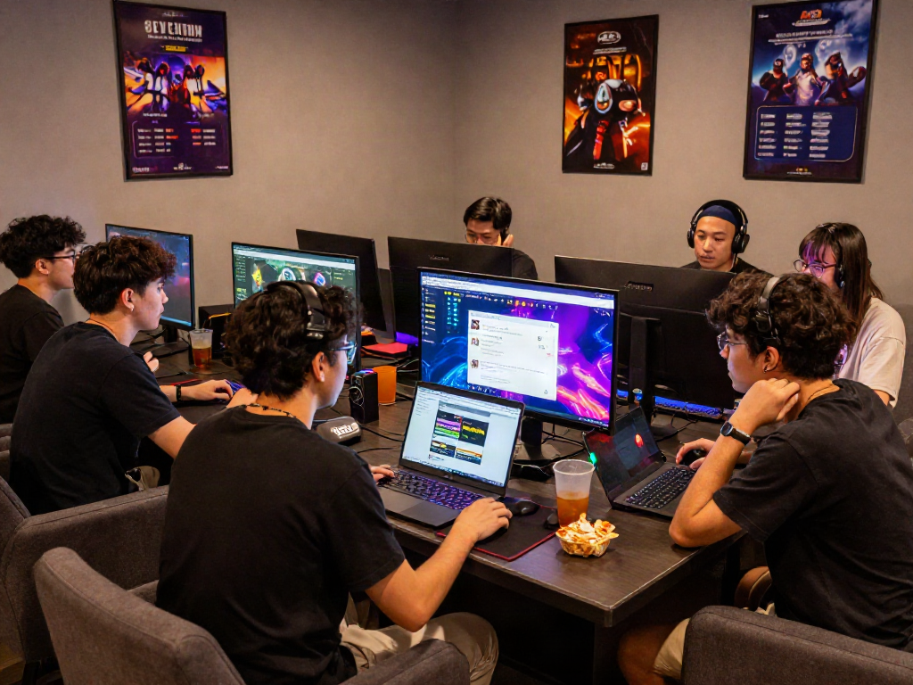 Engaging scene of diverse individuals exploring 토토사이트 검증 먹튀스팟 in a modern online gaming lounge