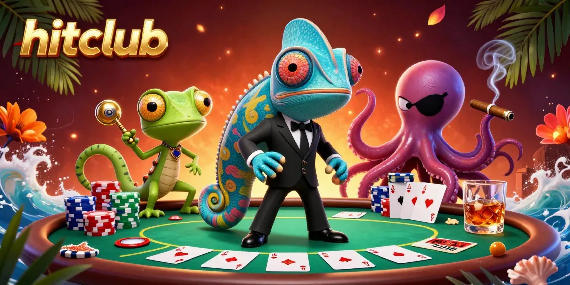 Experience the thrill of hitclub with a secret agent chameleon and octopus in a vibrant poker scene.