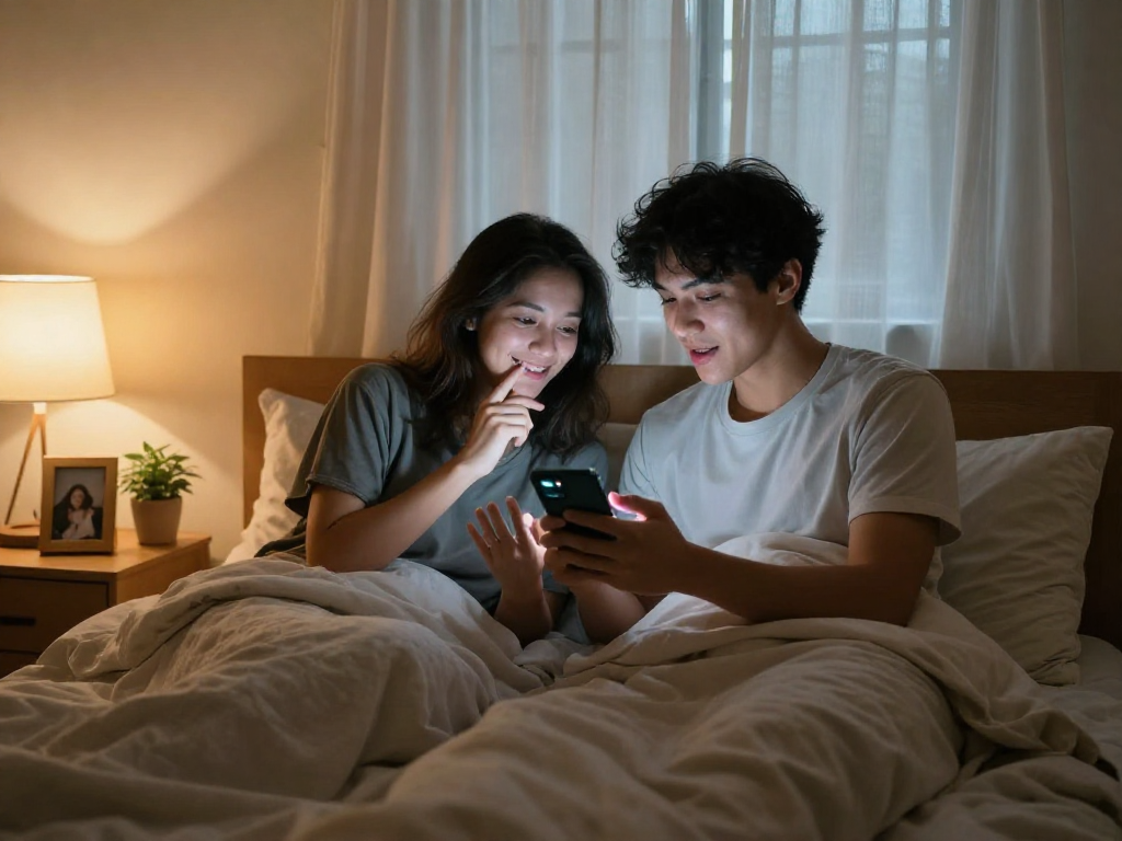 Engaging in a playful sex chat AI conversation in a cozy bedroom.