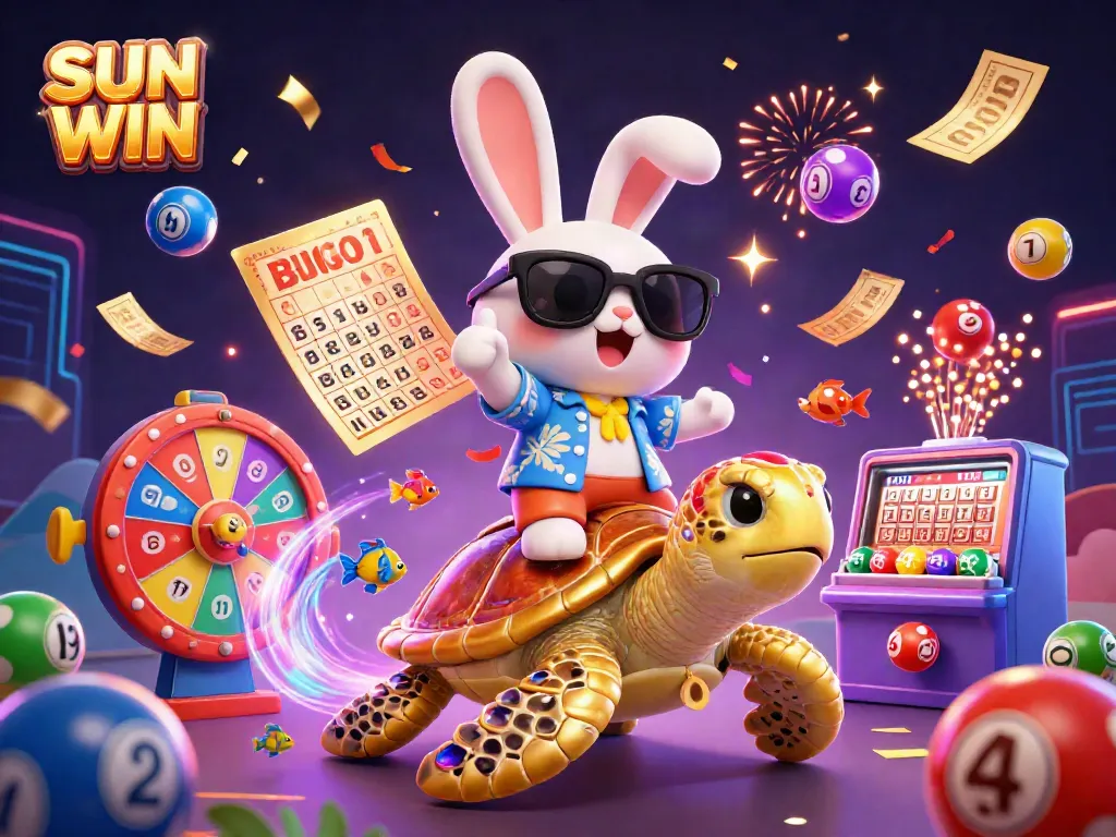Experience the excitement of SUN WIN as our cartoon rabbit rides a sea turtle surrounded by colorful lottery elements.