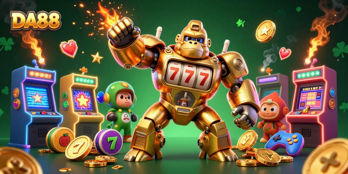 Experience DA88 excitement with a golden gorilla mech, casino elements, and vibrant gaming visuals.