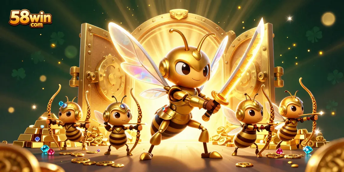 Engage with 58win com's thrilling gaming experience with vibrant golden hornet characters and treasure elements.
