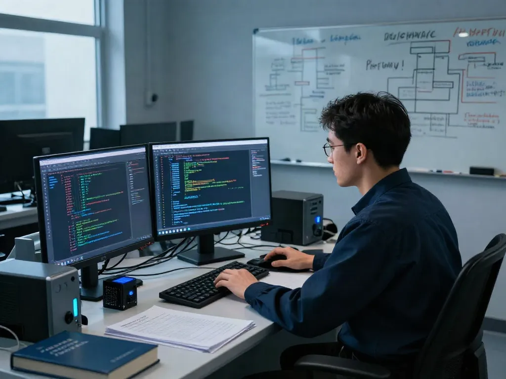 Digital forensic investigation in a high-tech lab with an investigator analyzing evidence on screens and a focused atmosphere.