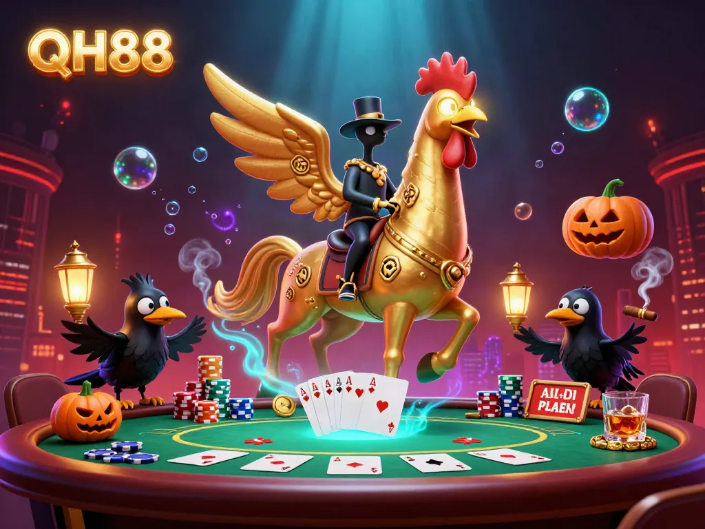 Engage in thrilling action at QH88's casino with a golden rooster riding through a vibrant scene.