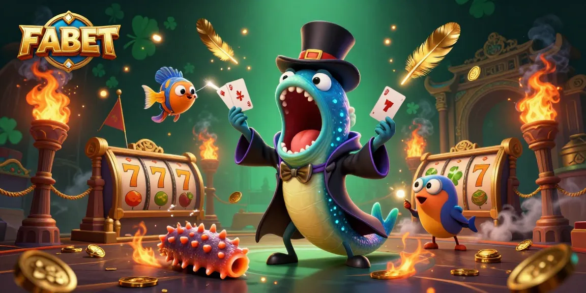 FABET showcases thrilling card magic with a deep-sea eel and anglerfish in a vibrant casino scene.