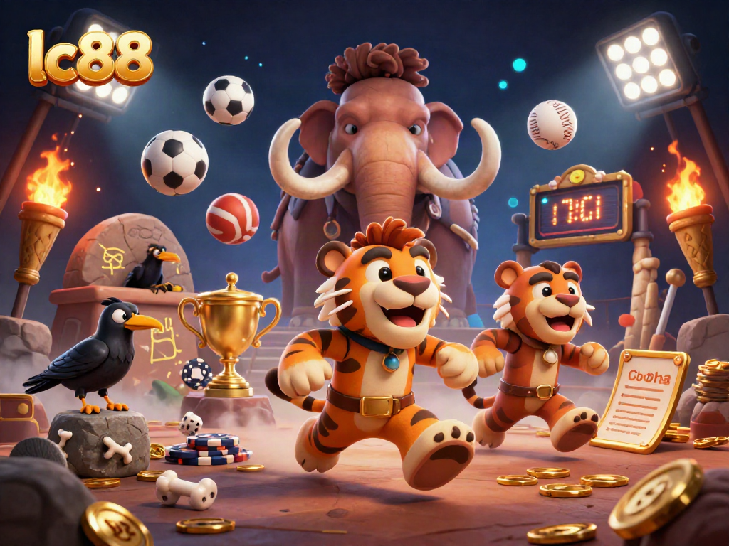 Experience the excitement of lc88 with a dynamic game scene featuring cavemen and sports elements.