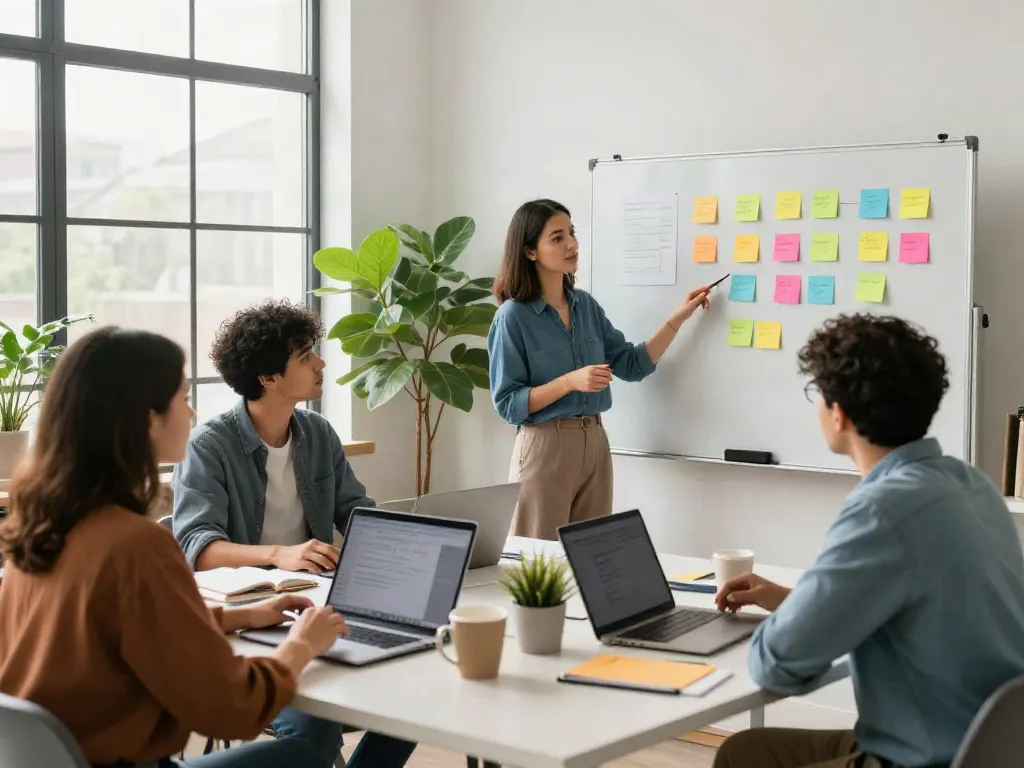 Professionals talking to each other in a bright creative workspace.