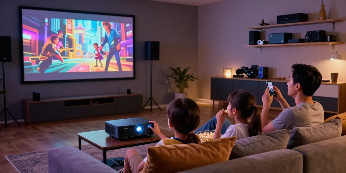 Family enjoying the best projector 2026 in a cozy home theater setting for an immersive movie experience.