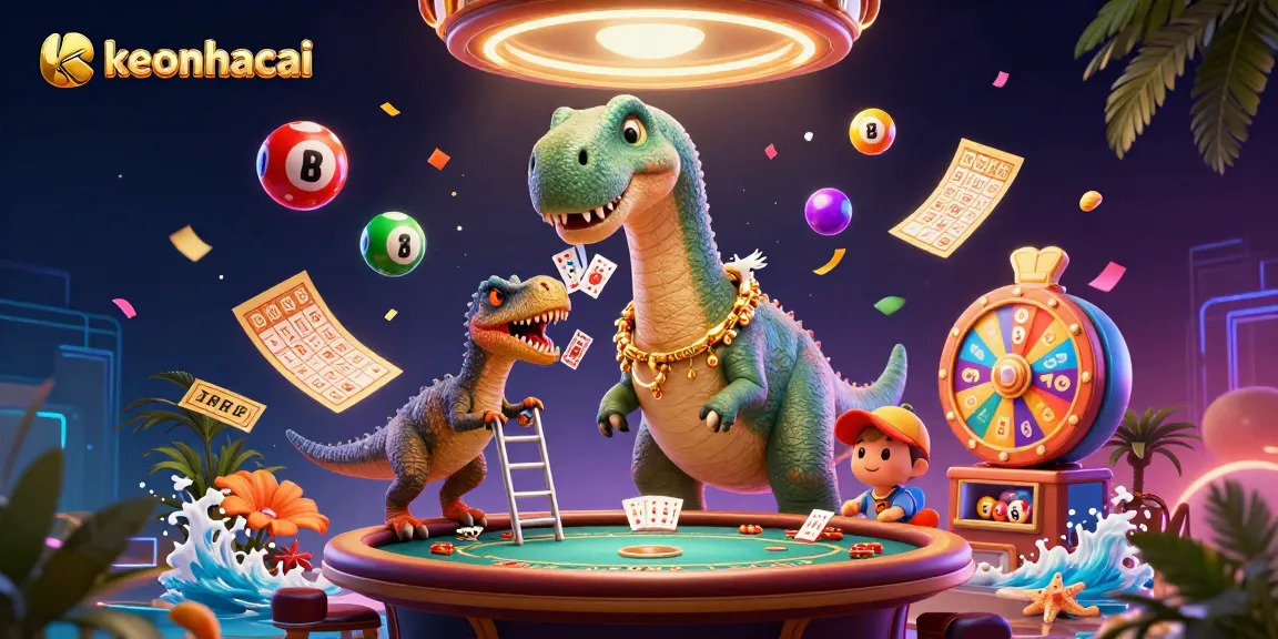 Engage with keonhacai as a brontosaurus oversees a lively casino scene filled with colorful lottery elements.
