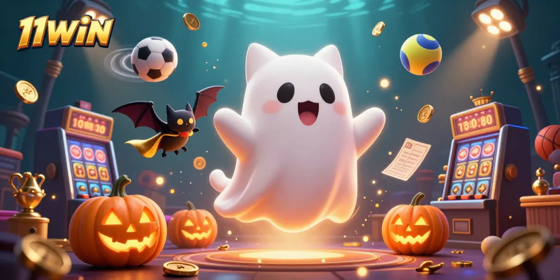 Bet on exciting games at 11WIN featuring a floating ghost cat and sports elements.