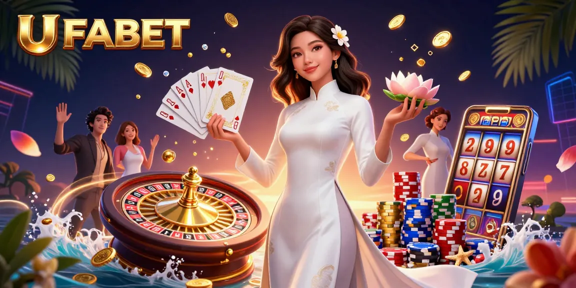 Experience UFABET with an elegant Asian woman amidst sparkling coins and casino elements in a dazzling scene
